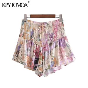 Mulheres Chic Moda Floral Impressão Smocked Shorts Cintura elástica alta com cordão feminino calças curtas mujer 210420