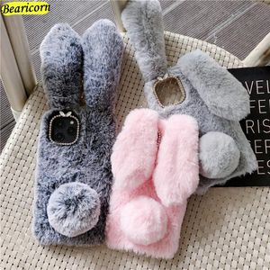 Miękkie Pluszowe etui na telefon dla iPhone Pro Xr X XS S Plus SE D Furry Rabbit Bunny Warm Futro Hair Cover Case