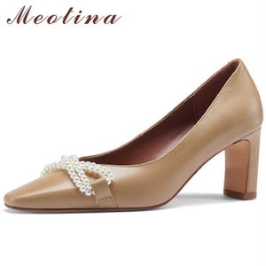 Meotina Pointed Toe Women Shoes Genuine Leather High Heels Pearl Chunky Heel Pumps String Bead Ladies Footwear Spring Beige 40 210608