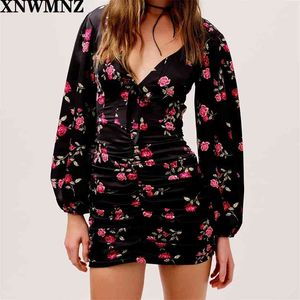 Kvinnor Romantisk Rose Print Mini Dress Girls Billowy Sleeve V Neck Shirred Kjol Seamed Bodice Panels Full Bell Sleeves 210520