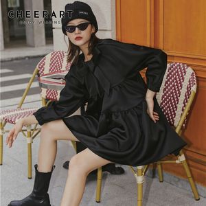 Autumn Black Long Sleeve Mini Dress Women Bow Ball Gown Loose Ruched Designer Fall Clothing Fashion 210427