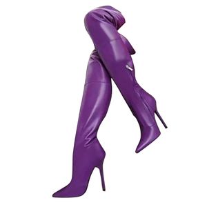 Kolnoo Handmade Elegant Ladies High Heel Over Knee Boots Pointed-Toe Faux Leather Party Prom Thigh-high Booties Evening Club Fashion Winter Purple Shoes D692-1