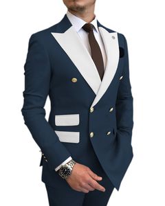 Dubbelbröst Navy Blå Jacka + Byxor Mens Suits Slim Fit Groom Tuxedo Bröllopsdräkt Homme Män Passar Blazer Terno Masculino