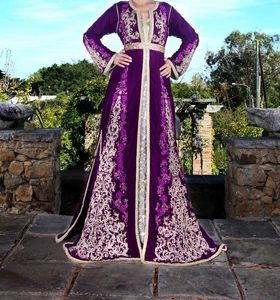エレガントなローブカフ山マロカインイブニングドレスモロッコカフキャンフォーマルパーティーガウンゴールドと紫のアップリケ長袖アラビアドバイ女性特別な日差しのドレス