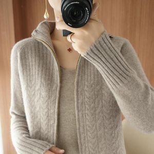 Designer Knitted Sweater Cardigan Women Stand-Up Collar Red Loose Cable Solid Jacket Female Tops Autumn Black Woman