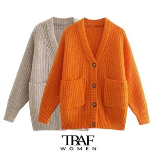 TRAF Za Women Fashion With Pockets Loose Knit Cardigan Sweater Vintage Long Sleeve Button-up Female Outerwear Chic Tops 220124