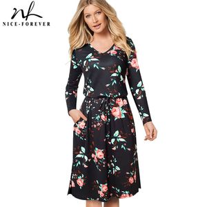 Nice-forever Casual Floral Print Long Sleeve Rope vestidos with Pocket Women Flare Winter Dress A171 210419