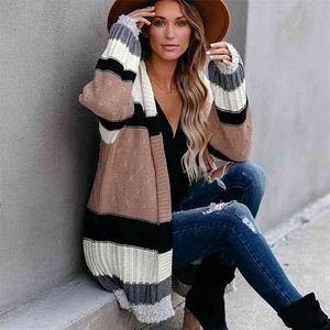 Striped Print Stickad Long Cardigans Sweater Kvinnor Ärme Kahki Vintage Cardigan Jumper Casual Office Ladies Outfit 210427