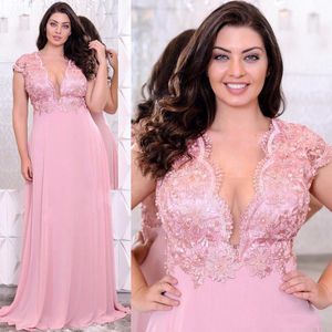 Lace Appliques Pink Plus Size Evening Dresses Deep V-neck Beaded A Line Gowns Cheap Floor Length Empire Waist Chiffon Formal Dress Prom