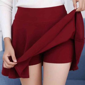 Summer Oversize Skirt Stretchy Flared Casual Mini Skater Wine Red Black Short Pink A-Line Ruffles Shorts Women 210604