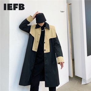 IEFB Color Block Oversized Kläder för män Streetwear Design Mid Length Trench Coat Spring Single Breasted Windbreaker 9Y4411 210524