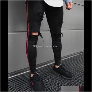 Herrenbekleidung Bekleidung Drop Lieferung 2021 angekommen Side Red Stripe Biker Denim Ripped Holes Slim Supper Skinny Hip Hop Jeans Herren 809Lm