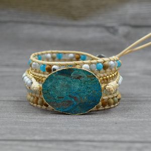 Mulheres Couro Frisado Pulseira Ocean Stone Bead Strand Bohemian Wrap Turquesa Jasper Bangle Multicamada Jóias