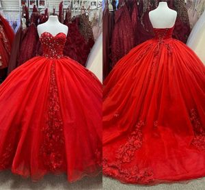 2022 Red Floral Lace Quinceanera Vestidos Flores Sweetheart Top Long Train Crystal Beads Doce 16 Pageant Vestido Vestidos De Bola