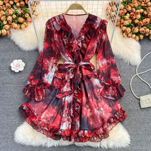 Bohemian Printed Chiffon Mini Dress For Women Autumn Sexy V-Neck Ruffle Flare Long Sleeve High Waist Vacation Beach Vestidos New 2022