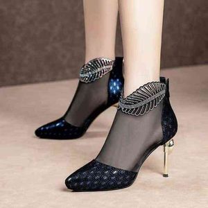 Sandels Spring New Meh Boot Women Peacock Pattern Summer High Heel Sexy Rhinetone Platform Shoe Back Zipper 220303