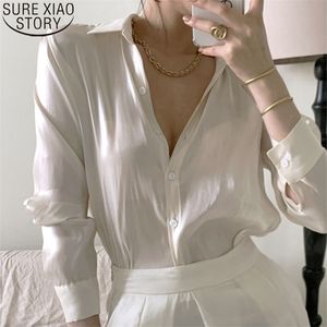 Cetim de seda camisa mulheres tops e blusas outono moda vintage blusa manga longa feminina coreana solta fina camisas 11971 210506