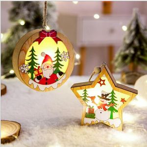 LED Ljus Julgran Bil Inredning Dekorationer Trästjärnor Pendlar Ornaments Creative DIY Wood Crafts Kids Gift för Home Xmas Party Decor