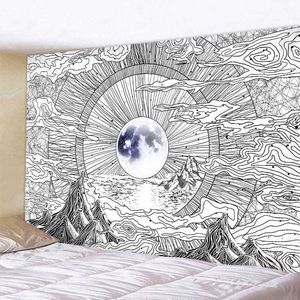Sonne und Mond schwarz und weiß Mandala Wandteppich Wandbehang Wandteppich Hippie Wandteppich Schlafsaal Dekoration psychedelisch ta 210609