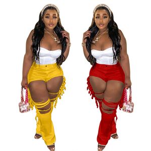 S-3XL Big Hole rippade jeans för kvinnor Hög midja denim Flare Pants Casual Plus Size Streetwear Tassel Elastic Outfits Cut Out Fashion Slim Skinny Trousers