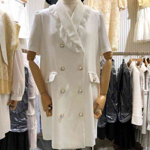 Swee Lace Patchwork Summer White Dress Temperament Notched Vestidos de Mujer Elegant Knapp Dekoration Klänningar för Kvinnor 210514