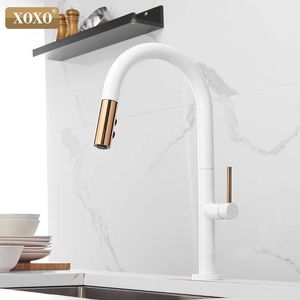 XOXO Kitchen faucet Pull Out Cold and mixer tap Black White water Single Holder faucet kitchen sink faucet 1345A-W 210724