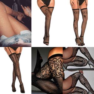 Seksi Çoraplar Rhinestone Uyluk Yüksek Çorap Karnaval Tayt Fishnet Kadınlar Üzerinde Diz Femal Çorap Çorap Hosiery Artı Boyutu SW119 X0521