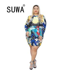 Trendy Chic Letter Printed Vintage Casual Dresses For Women Fashion Long Sleeve Party Dress Wholesale Plus Size Clothing 210525