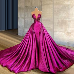 Fuchsia Mermaid Prom Klänningar med avtagbar tåg Sweetheart Neck Overkirt Evening Gowns Party Dress Special Occassion Robe de Soiree