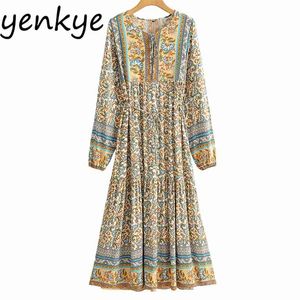 Vintage Floral Print Boho Dress Women Lace Up O Neck Long Sleeve A-line Casual Female Holiday Summer Plus Size 210514