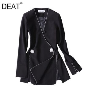 Deat VネックフレアLseeves 2つのボタンスリムハイファッション女性シングルスーツOLセクシーなジャケットすべて一致WD61801XL 210428