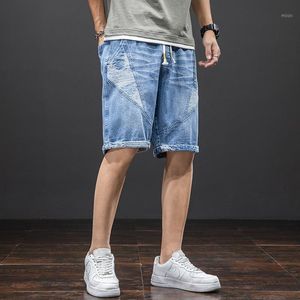 Jeans masculinos plus size verão azul curto curto joelho algodão casual calças folgadas calças listradas masculinas shorts de jeans 6xl 7xl 8xl