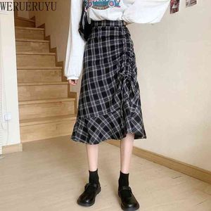 Werueruyu plaid höga midja sjöjungfrun kjolar kvinnor streetwear bomull lång kjolar chic vintage stil damer bottnar höst vinter 210608