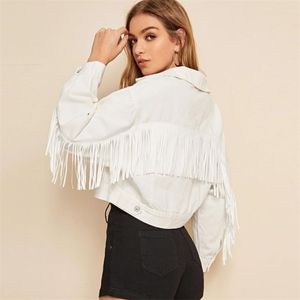 Snygg Fringe Beaded Loose Denim Jacket Coat Kvinnor Höst Mode Långärmad Casual Ladies OuterWear Chaqueta Mujer 211014