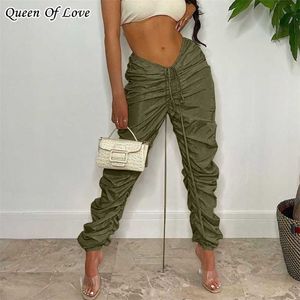 Sexy Low Cut Waist Ruched Pant Women Autumn Winter Fashion Streetwear Club Party Drawstring Pleated Trackpant Y2K 211115