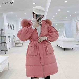 Vinter Kvinnor Lös 90% Vit Duck Down Coat Natural Fox Fur Collar Warm Tjock Long Parkas Snow Hooded Outwear 210430