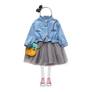 Frühling Herbst 2 3 4 6 8 10 11 12 Jahre Teenager Rundhals Langarm Spitze Mesh Patchwork Denim Kleid für Baby Kinder Mädchen 210529