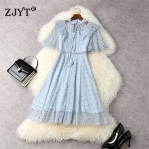 High Quality Summer Runway Fashion Ruffles See Through Mesh Cocktail Party Dresses Women Butterfly Sleeves Sexy Robe Vestidos 210601