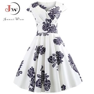 Dorywczo Summer Sukienka Kobiety Krótki Rękaw Hepburn 50. 60s Vintage Eleganckie Swing Party Dresses Plus Size Floral Slim Vestidos 210409