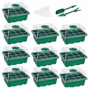 10pcs Planting Seed Starter Tray Kit Seedling Germination Box Gardening Supplies Base 12 Cells For Bonsai Planters & Pots