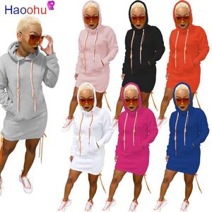 Active Wear Tie Up Hoodie Sweatshirt Kleid Damen Herbst Winter Langarm Kapuzenkleider Streetwear Casual Taschen Kurz