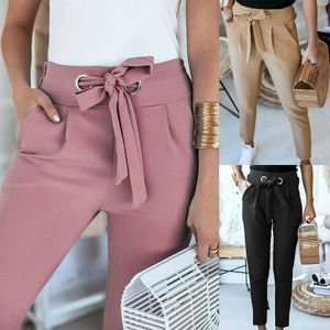 England Style Women Summer Solid Color Pencil Pants Bandage Design Pockets Decor High Waist Slim Hips Trousers for Streetwear X0629