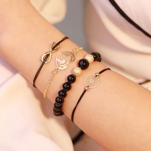 Bracelets de charme Cadeia de moda para mulheres e meninas em forma de coração Figura 8 Padrão String Fosted Black Bread Bracelet Set de 4 peças