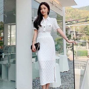 Verão moda mulheres coreanas laço 2 peças conjunto de camisas brancas tops + split bainha bodycon saias conjuntos 210531