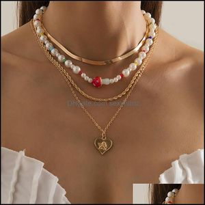 Pendant Necklaces & Pendants Jewelry Angel Heart Twist Thin Baroque Pearl Mushroom Beaded Clavicle Chain European Women Mti Layer Alloy Gold