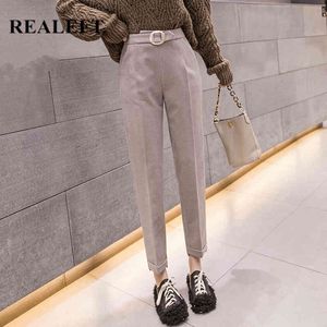 Autumn Winter Woolen Women Formal Harem Pants Button High Waist Office Lady Solid Ankle-Length Chic Pant Pocket 210428