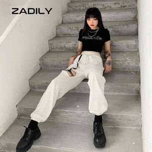 Zadily Y2K Street Style High Waist Loose Women Tie Feet Long Pant Hold Bandage Ladies Hip Hop Pants Summer Kvinna Byxor 210521
