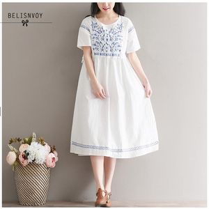 Japanese Mori Girl Summer Women White Dress Cotton Linen Casual Loose Midi Elegant Floral Embroidery Vintage Sweet 210520