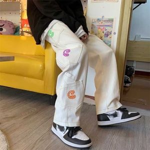 Houzhou 레트로 포켓 힙합 스트레이트화물 바지 남성과 여성 대형 청바지 바지 Harrajuku Streetwear 데님 바지 빈티지 211008