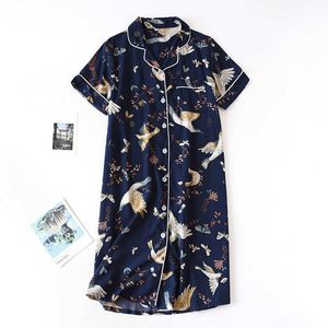 Camisa de mangas curtas Ladies Lapela Rayon Nightdress Algodão Silk Sentindo Fresco Sentimento Frente Solta Botão Home Vestido UmstandsMode 210924